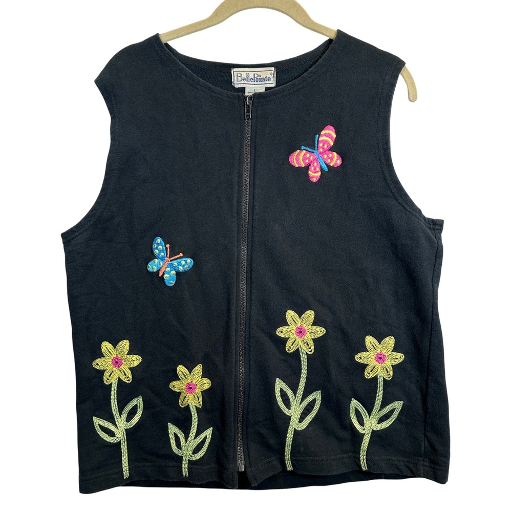 BellePointe Womens Large Black Cotton Zip Front Vest Butterfly Floral Embroidery